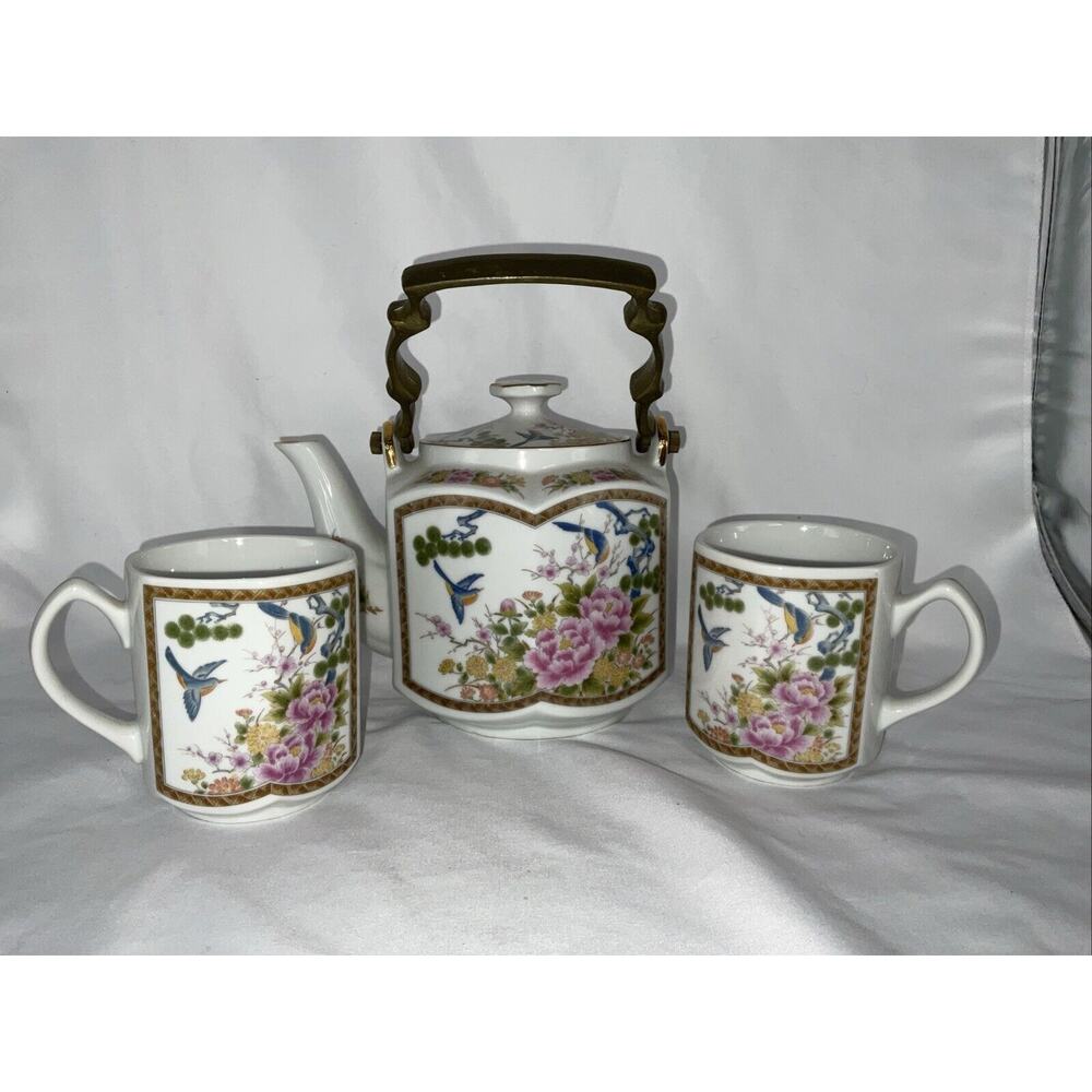 VTG HOMCO JAPANESE ASIAN BIRD FLORAL HEXAGON PORCELAIN TEAPOT & 2 CUPS